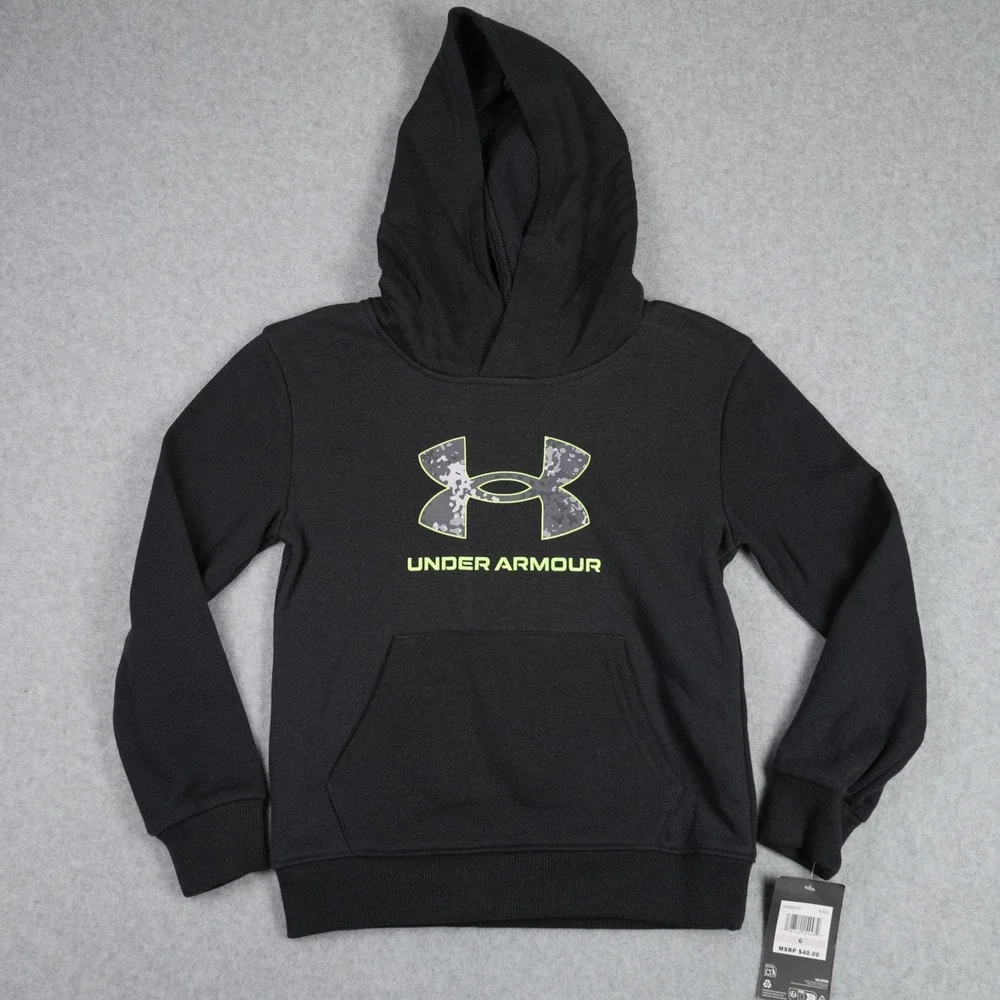 Under Armour Hoodie Kids Size 6 Black Big Logo Camo Pullover Fleece Sweatshirt